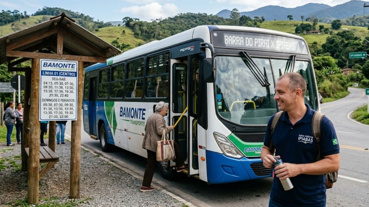 Uma foto colorida e realista de uma parada de ônibus rural em uma estrada de asfalto. Um ônibus Bamonte Transporte está parado e um homem sorridente de meia-idade e uma mulher idosa embarcam. Uma parada de ônibus de madeira está à esquerda com um horário. O fundo mostra colinas verdes.