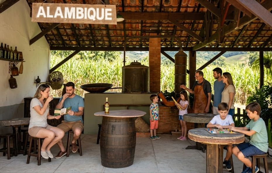 Uma fotografia colorida e bem iluminada do interior rústico e aberto de um alambique artesanal de cachaça em uma área rural do Brasil. O telhado rústico de telhas de barro e vigas de madeira cobre o espaço. Sete pessoas estão presentes, incluindo adultos e crianças, organizadas em grupos. À esquerda, um casal de turistas adultos, um homem e uma mulher, está sentado em bancos de madeira ao redor de uma pequena mesa redonda de pedra. A mulher segura uma garrafa de cachaça com rótulo e degusta uma pequena dose, enquanto o homem a observa com um sorriso. No centro, uma mesa rústica feita com um barril de madeira exibe uma garrafa de cachaça com rótulo. À direita, um grupo maior de pessoas. Duas crianças, meninos, estão sentadas em bancos de madeira ao redor de uma mesa redonda de pedra rústica, concentradas em jogar um jogo de tabuleiro. Ao lado deles, em pé, estão um casal de adultos, um homem e uma mulher, observando o jogo. Mais ao fundo, perto da fornalha de tijolos e do equipamento de destilação de cobre, estão uma menina e um mestre alambiqueiro idoso, com um avental de couro, que parece estar explicando algo para ela enquanto segura um pedaço de cana-de-açúcar. O alambique abre-se para o exterior no fundo, revelando uma densa plantação de cana-de-açúcar verde sob a luz do sol, com colinas e árvores à distância. A luz natural entra abundantemente pela lateral aberta.