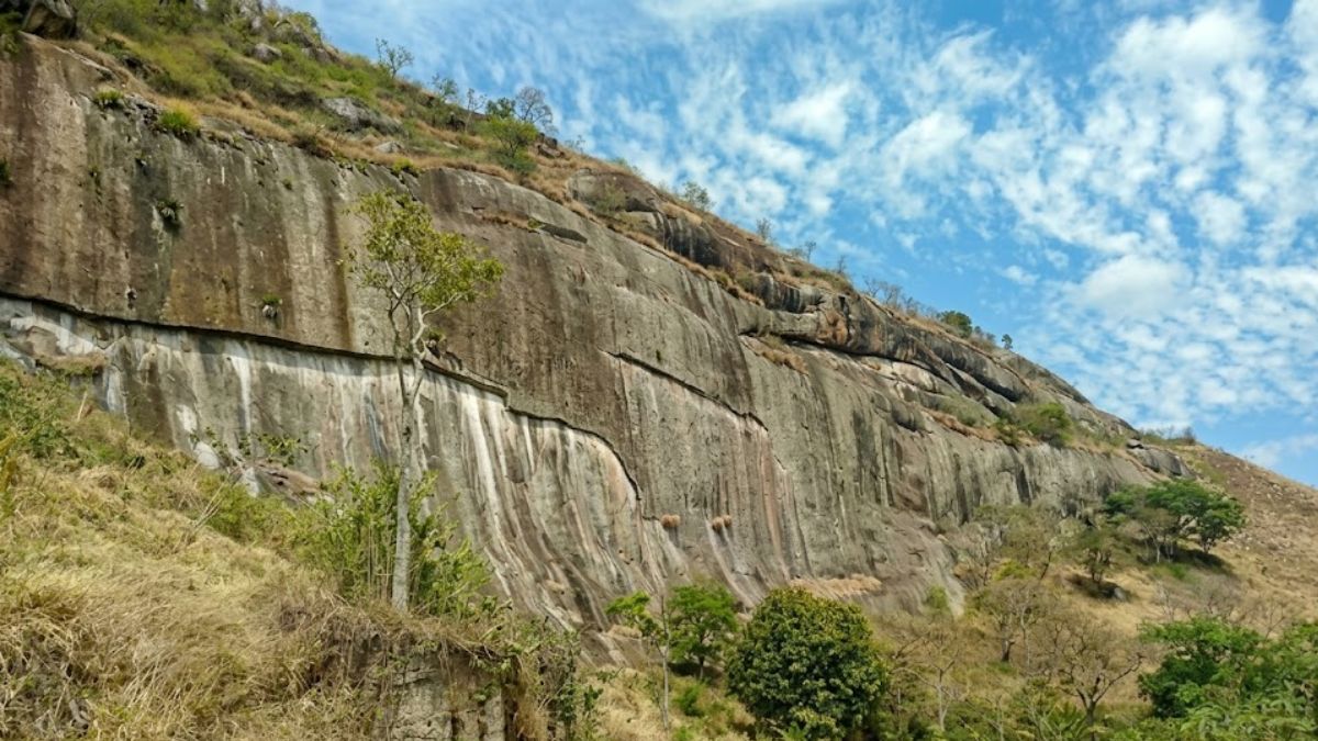 Fotografia em alta resolução de uma grande encosta de granito com estrias verticais brancas e marcas de erosão natural. A base da montanha apresenta vegetação de gramíneas secas e árvores nativas sob um céu azul vibrante com nuvens brancas e detalhadas.
