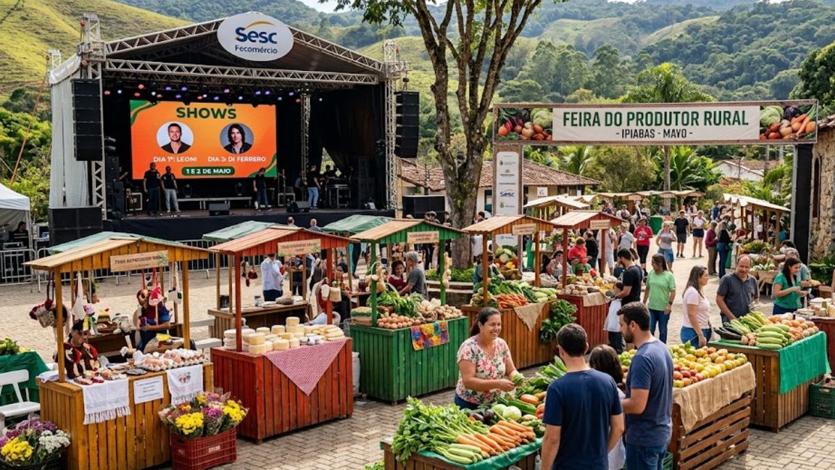 Uma vista aérea panorâmica de uma feira de rua ao ar livre em Ipiabas, no Brasil, com dezenas de barracas de madeira repletas de produtos frescos, artesanato e um grande palco de concertos sob o céu claro.
