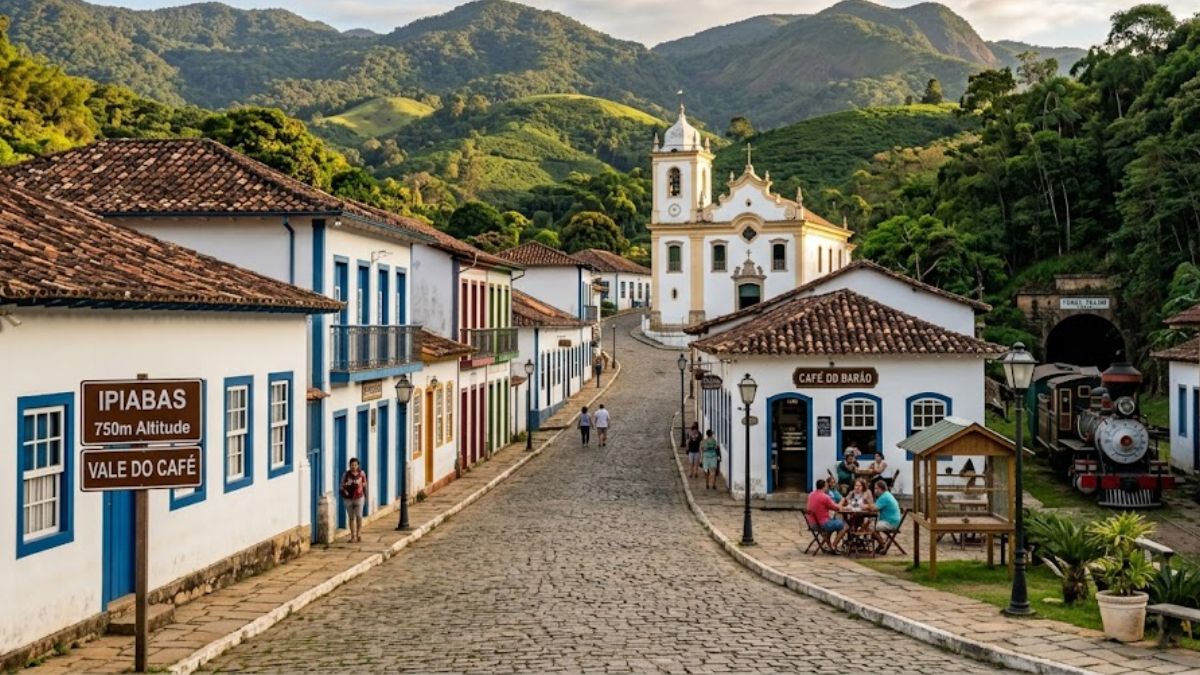 Fotografia realista da rua principal de Ipiabas com calçamento de paralelepípedo, casario colonial, igreja branca ao fundo e montanhas verdes.