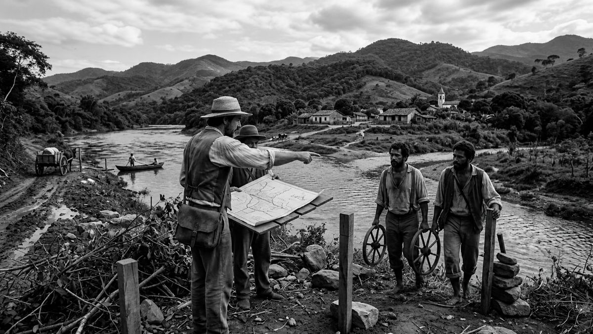 Homens do século dezenove analisam um mapa técnico às margens do Rio Paraíba do Sul durante a demarcação territorial oficial.