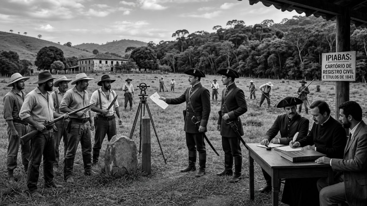 Pintura realista mostra policiais de fardeta azul e chapéu preto mediando disputa de terras entre camponeses em Barra do Piraí. Ao lado, um oficial registra documentos em uma mesa de madeira sob uma placa escrita Ipiabas Cartório de Registro Civil e Títulos de 1841.