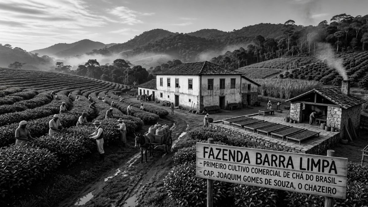 Fotografia em preto e branco mostrando uma vasta plantação de chá em encostas onduladas com trabalhadores rurais realizando a colheita manual. Ao centro existe uma casa colonial de dois andares e uma área de secagem de folhas ao ar livre. Em primeiro plano há uma placa de madeira identificando a Fazenda Barra Limpa e o Capitão Joaquim Gomes de Souza conhecido como O Chazeiro.