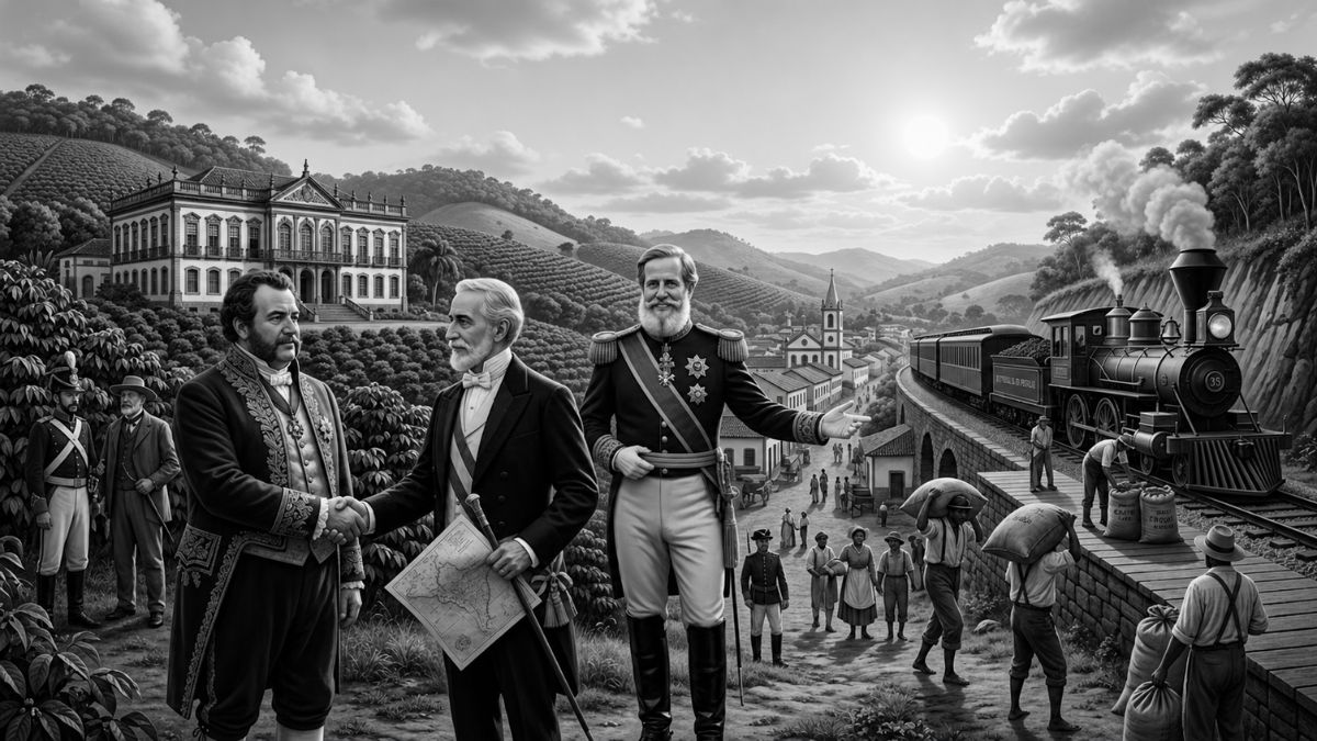 Ilustração realista mostrando D. Pedro II e nobres do café em Barra do Piraí com uma locomotiva a vapor ao fundo.