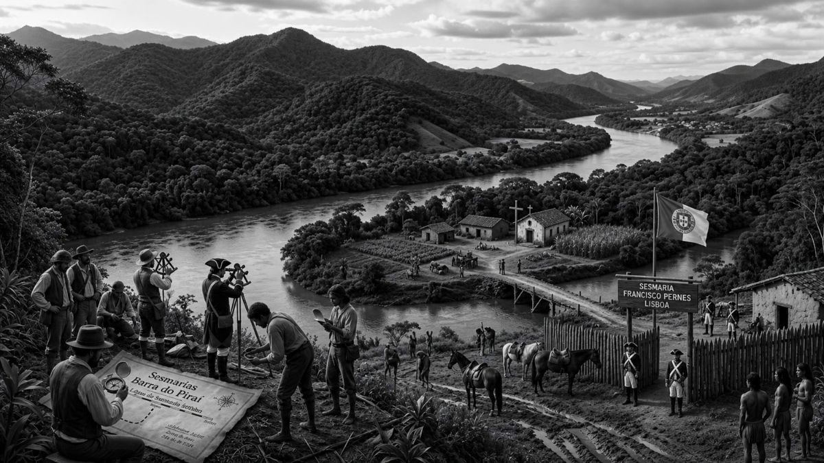 Ilustração histórica realista de colonizadores portugueses medindo terras com instrumentos antigos perto de uma ponte e uma capela no rio.