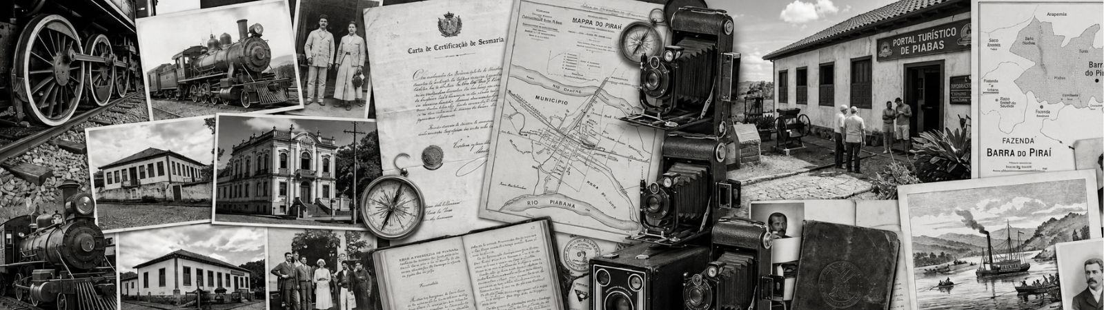 Montagem panorâmica em escala de cinza com fotografias antigas de locomotivas, casarões históricos, mapas cartográficos e câmeras fotográficas analógicas.