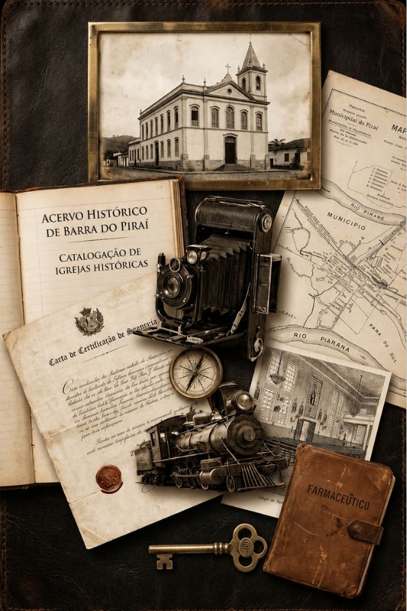 Composição vertical em tons de sépia com fotos de igrejas, câmera antiga, locomotiva, bússola e documentos sobre fundo de couro.