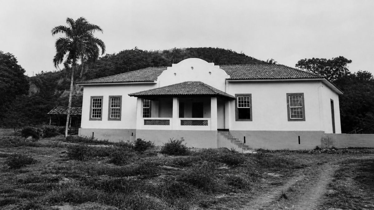 Fotografia em preto e branco de um casarão rural com varanda e palmeira lateral.