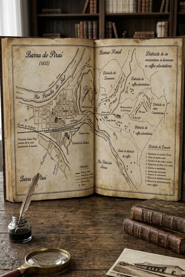 Uma fotografia de plano médio e alta resolução foca em um grande livro antigo aberto sobre uma mesa de madeira rústica e texturizada. As páginas amareladas do livro mostram um mapa histórico desenhado à mão com nanquim cobrindo ambas as páginas abertas. O mapa é da região de Barra do Piraí datado de 1852 com inscrições legíveis em português. A página esquerda detalha a área urbana ao longo das curvas do Rio Paraíba do Sul e inclui rótulos para Barra do Piraí e Catedral de Santana. A página direita ilustra as áreas rurais circundantes com rótulos para Distritos de coffee plantations e Fazendas de café. Ao redor do livro sobre a mesa estão objetos de época: à esquerda um tinteiro de vidro com uma pena de escrita e uma lupa com cabo de latão e madeira; à direita uma pilha de três livros antigos encadernados em couro e uma fotografia em sépia de uma estação ferroviária histórica. No fundo desfocado vê-se uma estante de biblioteca de madeira cheia de livros antigos criando uma atmosfera de acervo histórico. A luz natural suave vem de uma janela à esquerda.