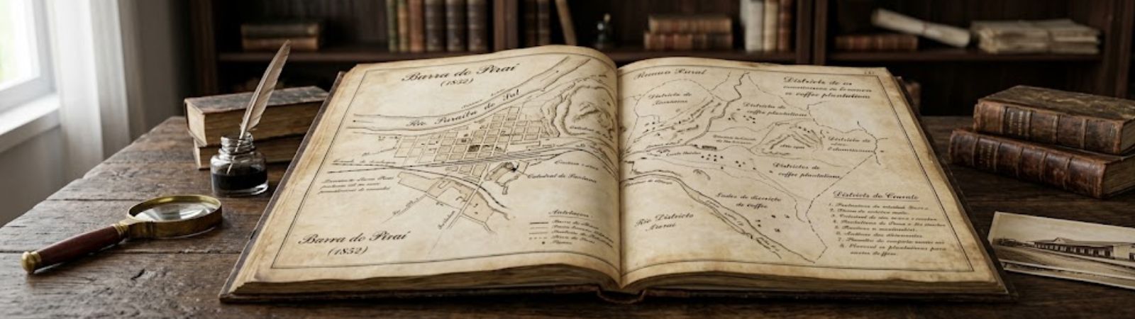 Um grande livro antigo aberto sobre uma mesa de madeira rústica exibe um mapa detalhado de mil oitocentos e cinquenta e dois desenhado à mão com nanquim cobrindo duas páginas amareladas. O mapa mostra o traçado das ruas de Barra do Piraí ao lado do Rio Paraíba do Sul e indica distritos e plantações de café nos arredores. Ao redor do livro estão uma lupa com cabo de madeira uma pena de escrita mergulhada em um tinteiro de vidro e pilhas de livros antigos encadernados em couro. No fundo vê-se uma estante repleta de livros.