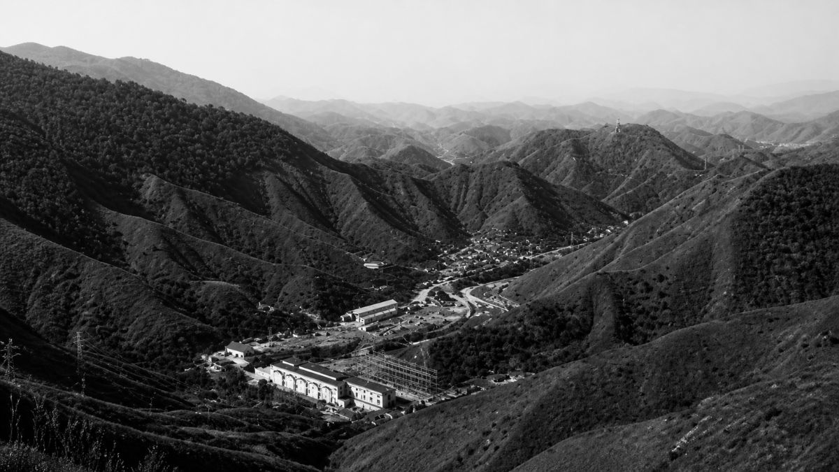Fotografia aérea em preto e branco de um complexo industrial situado no vale entre montanhas.