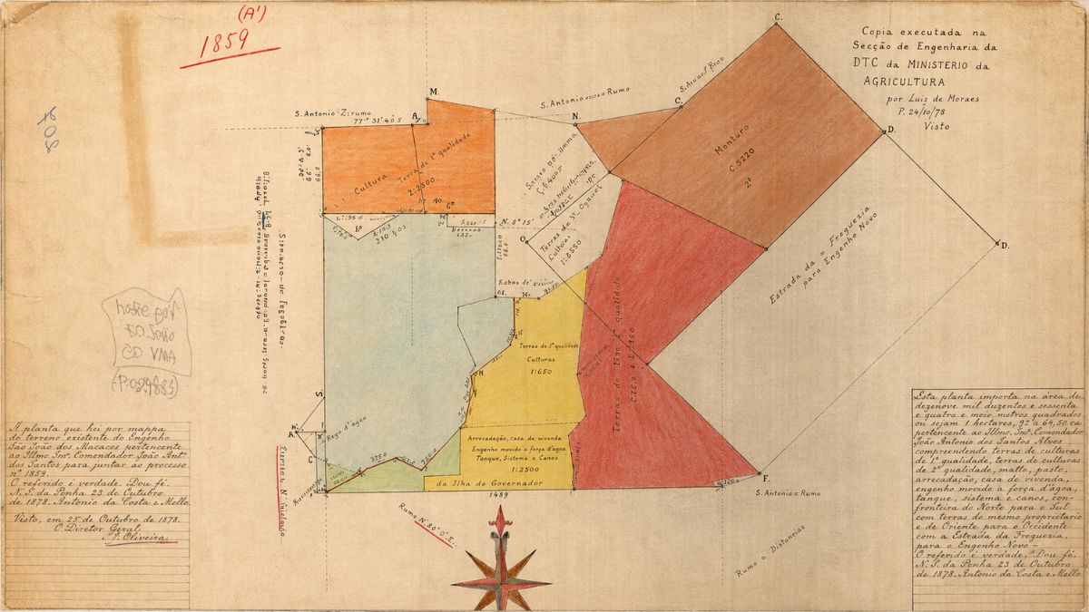 Mapa técnico antigo com polígonos coloridos representando a divisão de terras entre o Comendador Reguengo e seus diversos herdeiros.