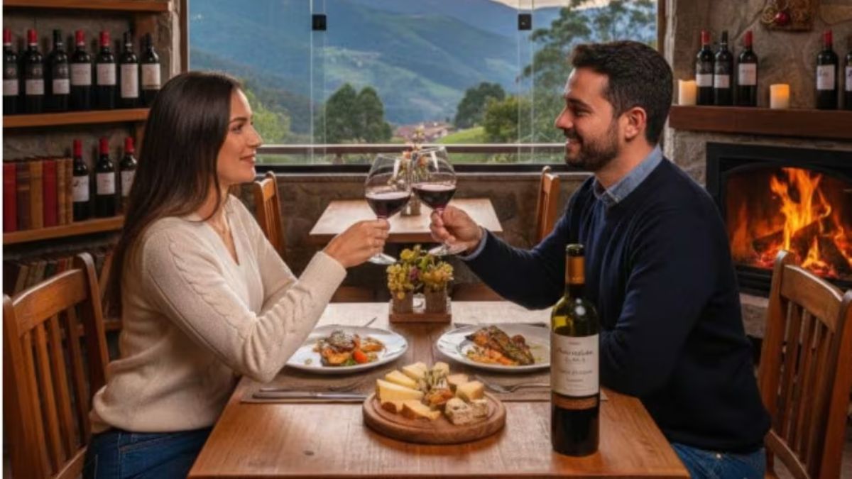 Um casal sorridente brinda com taças de vinho tinto sentados em uma mesa de madeira com pratos de comida e queijos. Ao fundo, há uma janela com vista para montanhas verdes e uma lareira acesa.