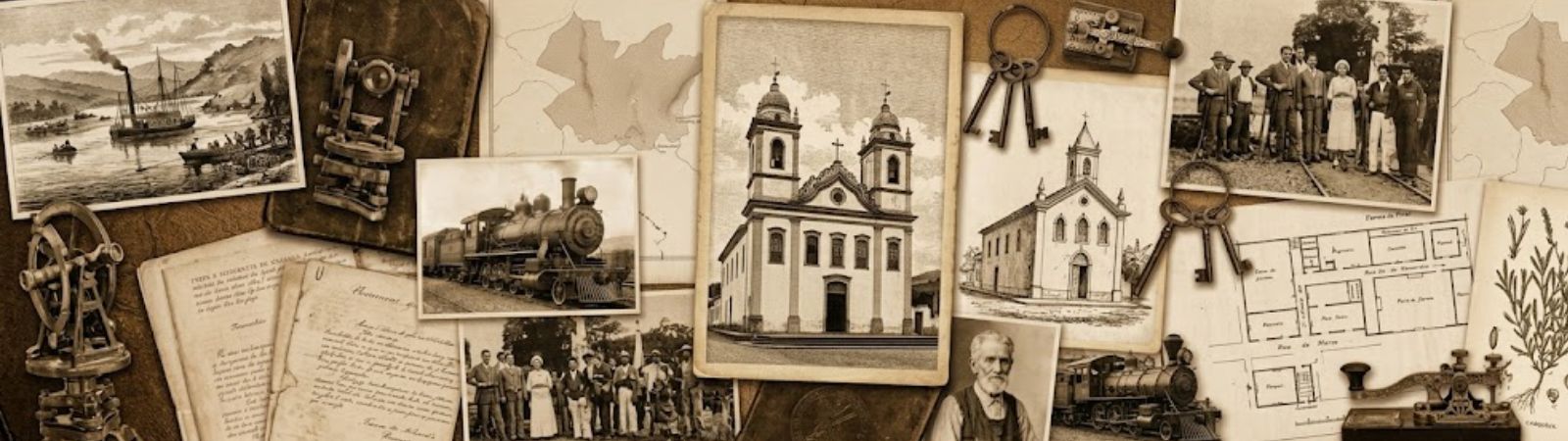 Mosaico em tons de sépia reunindo fotografias antigas de igrejas, locomotivas a vapor, mapas cartográficos, chaves e documentos históricos.
