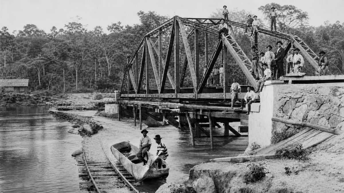 Fotografia antiga em preto e branco de operários sobre uma estrutura de ponte metálica.