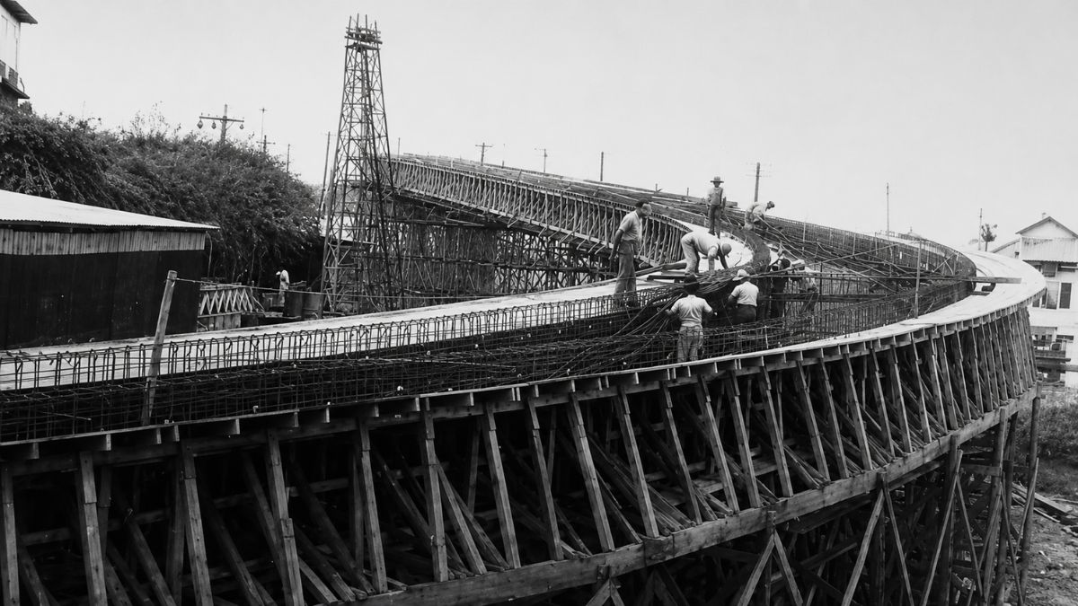 Fotografia em preto e branco mostrando operários trabalhando na estrutura metálica de um viaduto.