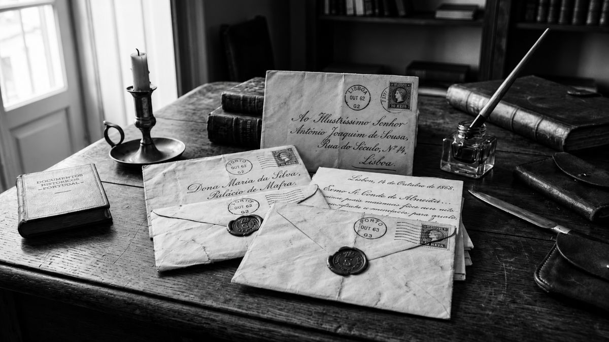 Fotografia em escala de cinza de uma mesa de madeira antiga com cartas do século dezenove, envelopes com selos de cera, tinteiro e livros do acervo histórico de Barra do Piraí.