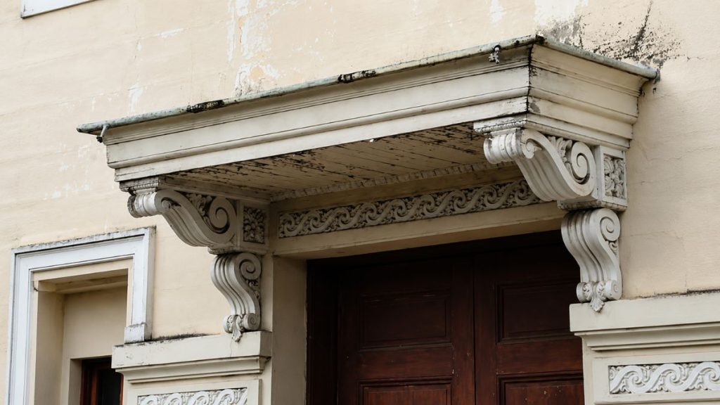 Close de um dossel arquitetônico decorado com volutas esculpidas e frisos ornamentais sobre uma porta de madeira escura em prédio histórico.