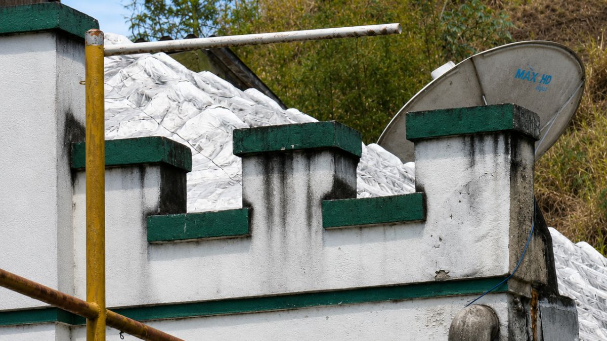 Close superior de uma platibanda branca com recortes em ameias pintadas de verde exibindo sinais de infiltração e desgaste.