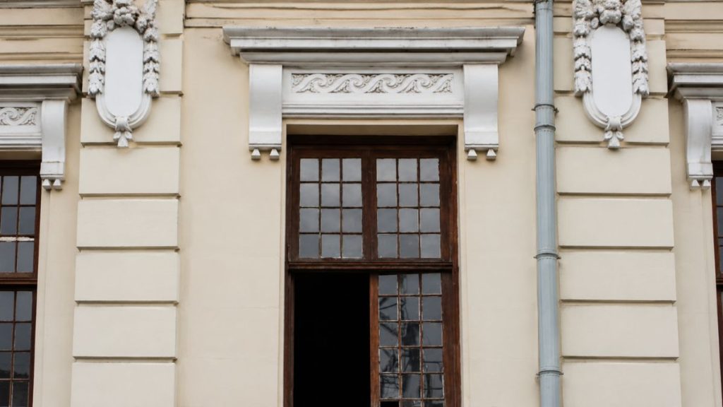 Fachada de prédio histórico com janelas de madeira e vidro emolduradas por relevos decorativos brancos e uma tubulação vertical lateral.