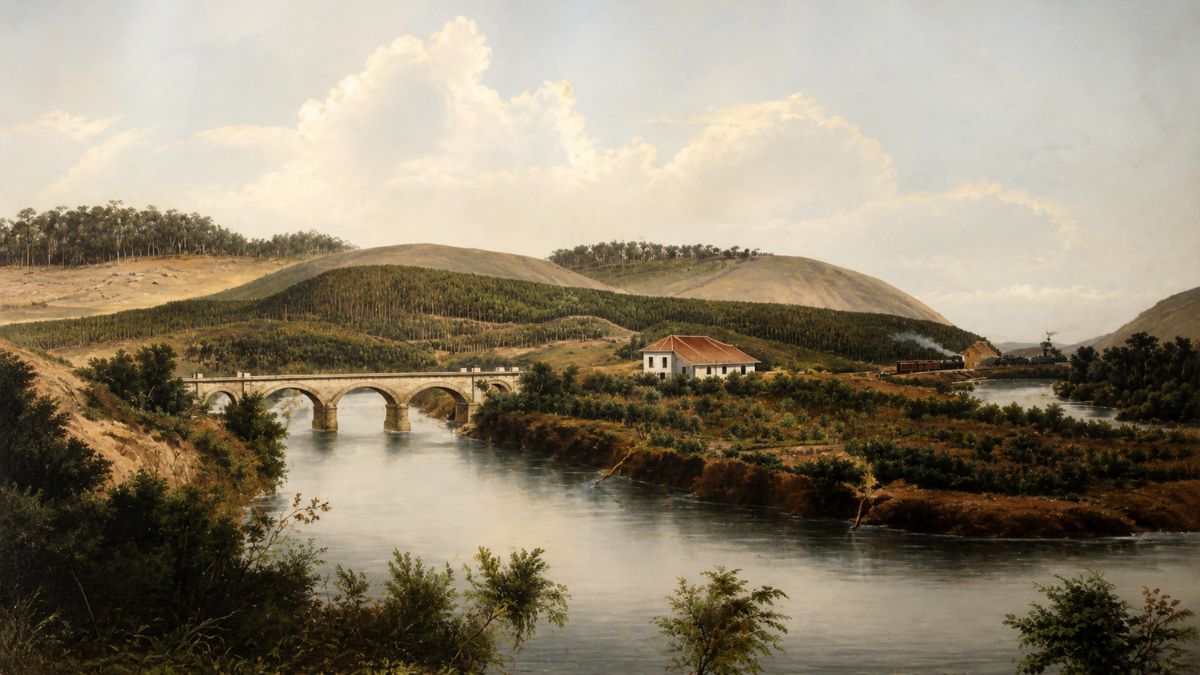 Pintura de paisagem com rio, ponte de arcos, casa e trem ao pé da montanha.