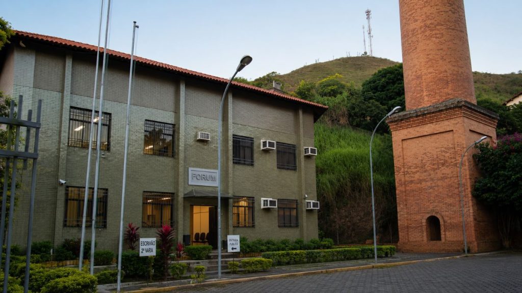 Prédio de dois andares revestido em pastilhas verdes ao lado de uma alta chaminé de tijolos em pátio pavimentado.