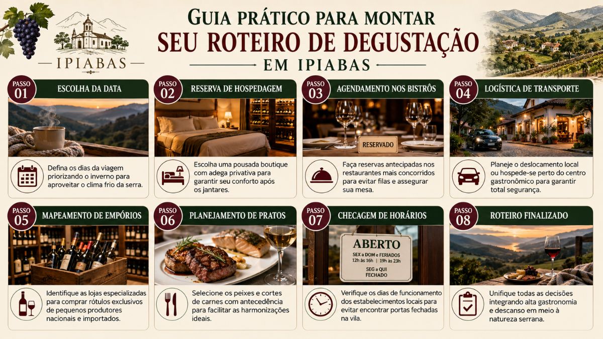 Um infográfico com fundo bege intitulado Guia Prático para Montar seu Roteiro de Degustação em Ipiabas. Ele exibe oito cartões numerados de um a oito organizados em duas fileiras de quatro. Cada cartão combina um título em caixa verde com ícones redondos vermelhos, uma foto ilustrativa, um ícone explicativo marrom e um pequeno texto informativo sobre planejamento de viagem.