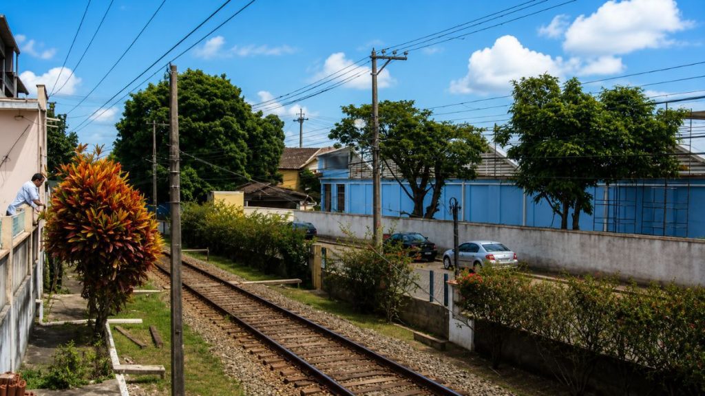 Fotografia colorida mostrando trilhos de trem em primeiro plano ladeados por vegetação com a fachada azul da fábrica ao fundo.