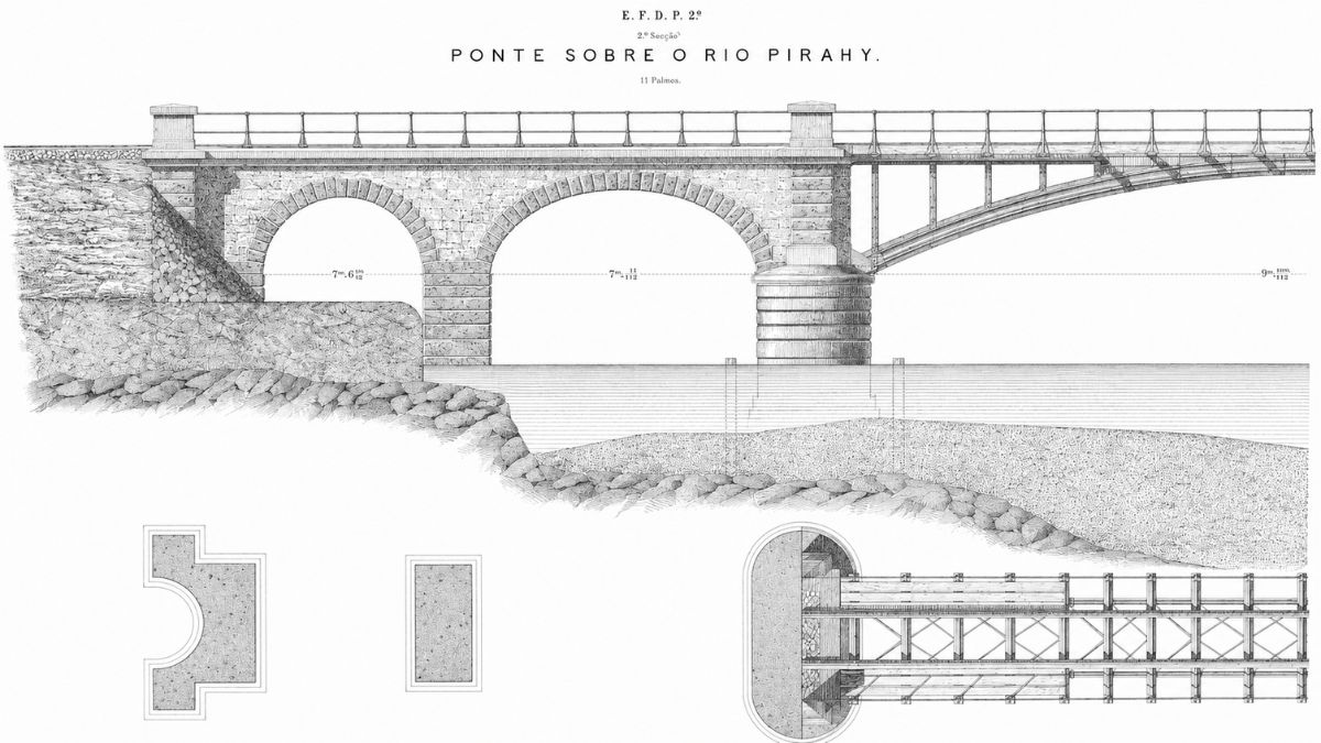 Desenho técnico detalhado em preto e branco mostrando o perfil lateral e a planta baixa de uma ponte ferroviária de pedra e ferro.