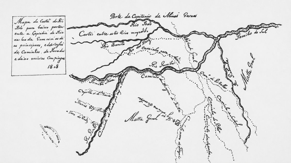 Mapa manuscrito antigo em preto e branco exibindo rios e caminhos da colônia.