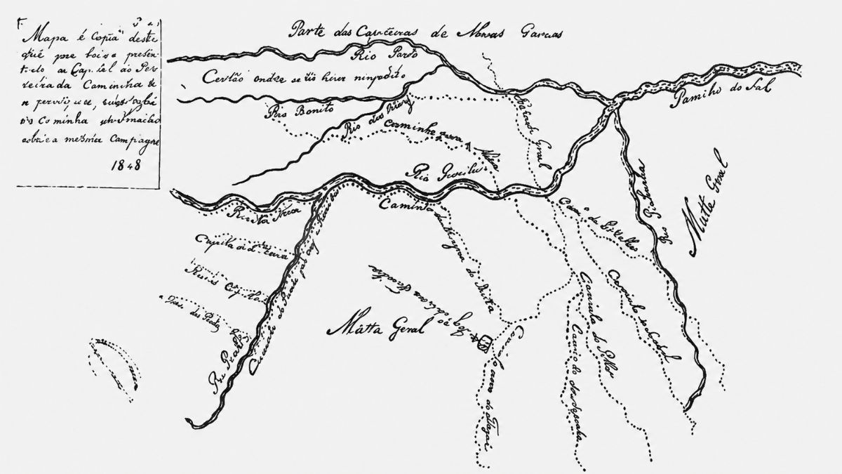 Desenho cartográfico antigo em preto e branco mostrando rios, caminhos e anotações manuscritas detalhando a geografia da região fluminense colonial.