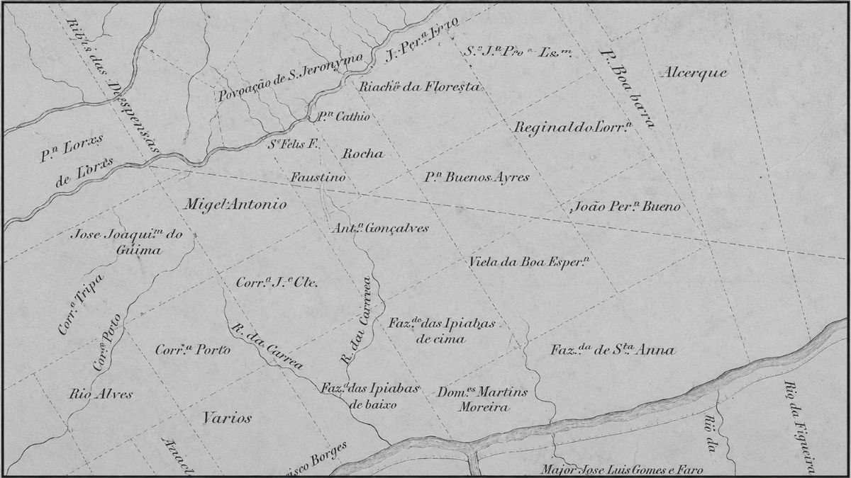 Mapa cartográfico antigo em tons de cinza com nomes de proprietários e demarcações de terras.