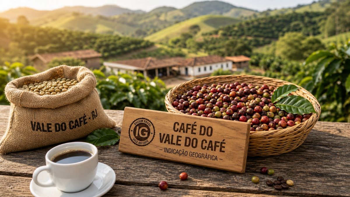 Um close de uma placa de madeira com a inscrição "Café do Vale do Café Indicação Geográfica" e um logotipo, cercada por grãos de café crus e torrados, uma xícara de café e um saco de juta, sobre uma mesa de madeira. O fundo mostra colinas cobertas por uma plantação de café e prédios da fazenda sob a luz do sol poente.