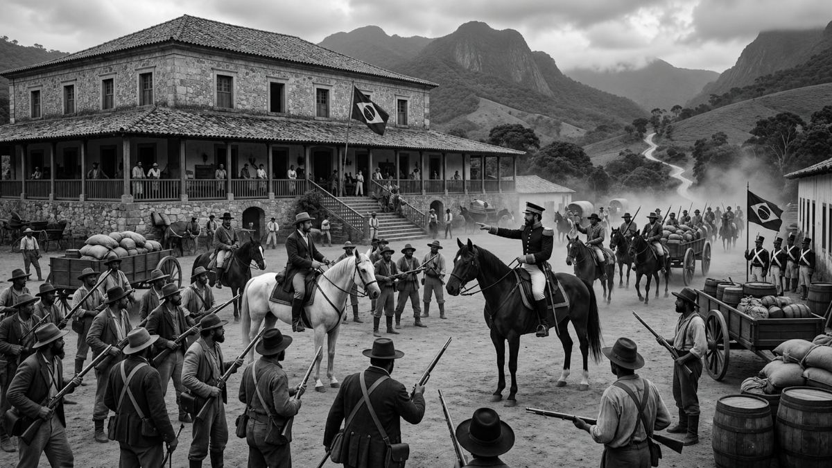 Fotografia histórica realista mostrando a mobilização de homens armados e lideranças a cavalo no pátio de uma fazenda colonial, com as montanhas do Vale do Paraíba ao fundo, representando o apoio das grandes famílias barrenses às forças imperiais em 1842.