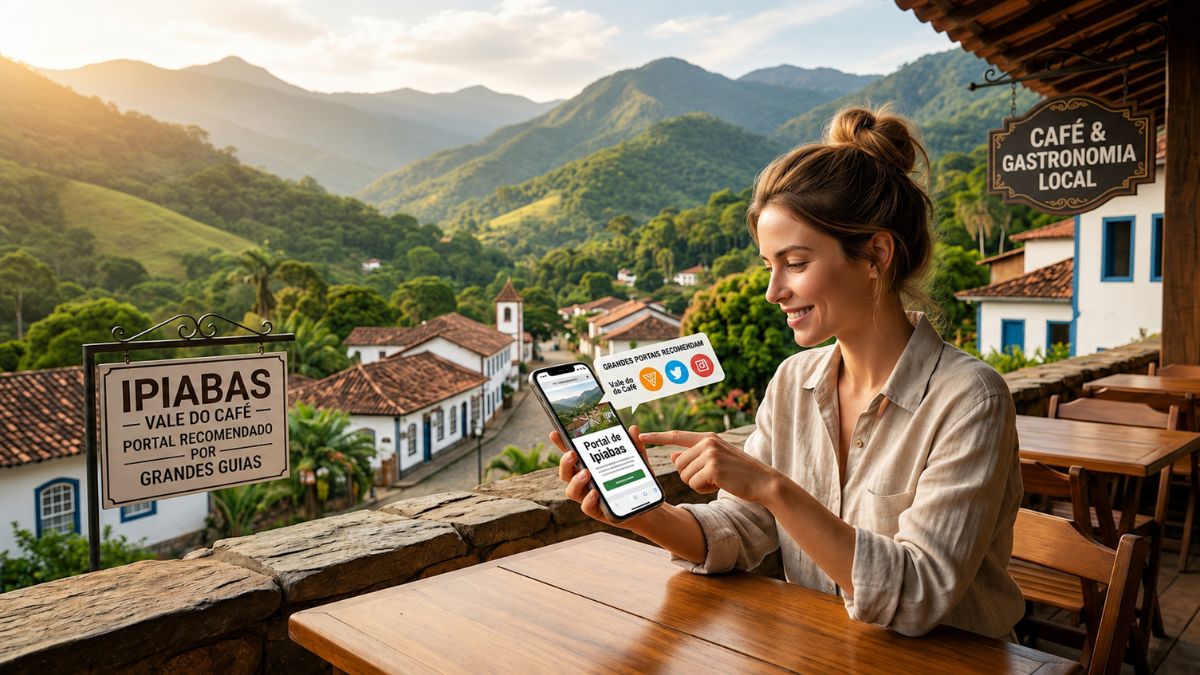 Fotografia realista de uma mulher sentada em uma mesa de madeira em Ipiabas segurando um celular que exibe o portal.