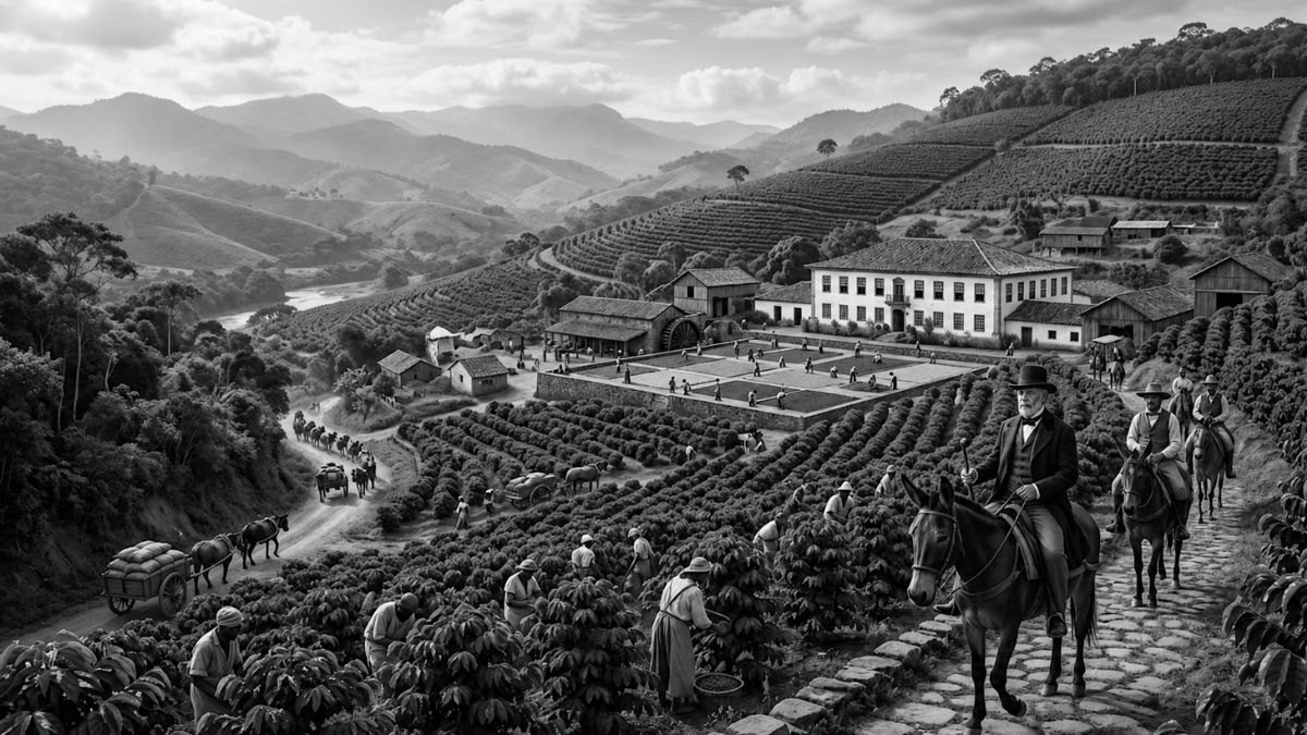 Fotografia ultra realista representando uma fazenda de café do século XIX com casarão colonial, escravizados na colheita e tropeiros.
