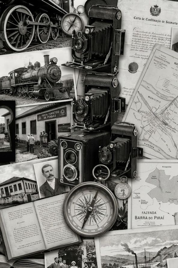 Colagem vertical em escala de cinza apresentando câmeras fotográficas de fole, bússola antiga, mapas das fazendas de café e retratos históricos.