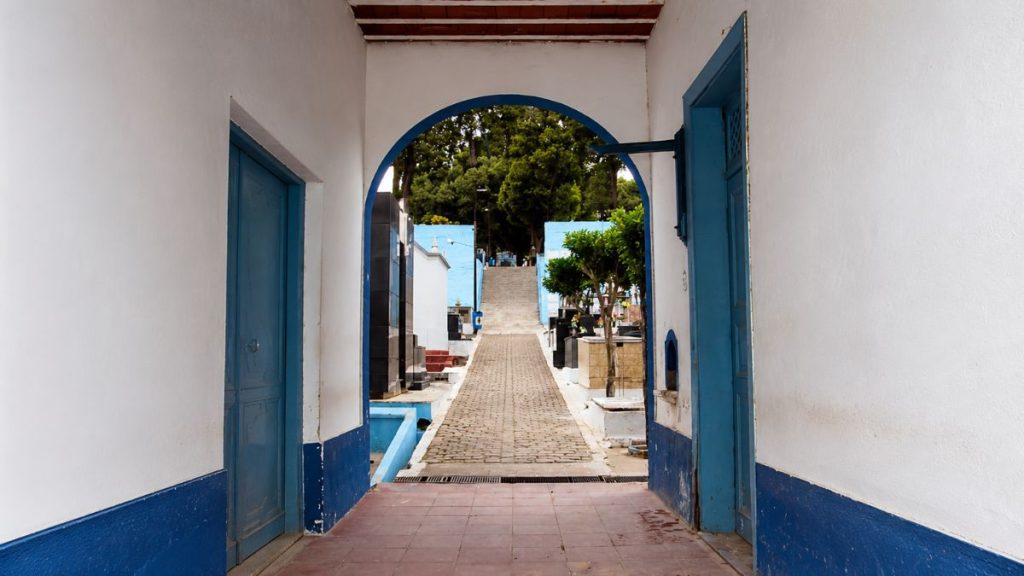Fotografia tirada de dentro do pórtico branco e azul emoldurando um caminho de paralelepípedos que leva a uma escadaria.
