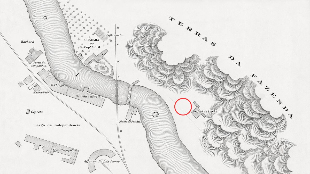 Mapa antigo em tons de cinza com foco no Rio Paraíba do Sul e um círculo vermelho destacando área institucional.