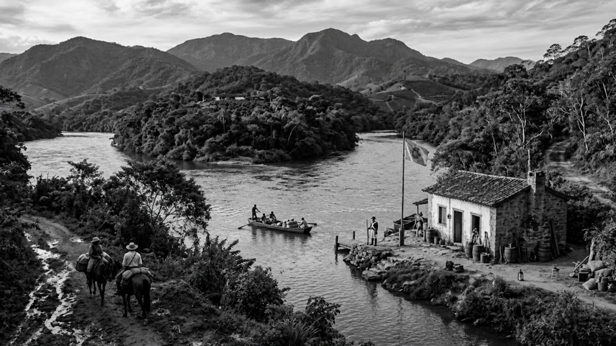 Uma pintura digital realista de uma paisagem colonial brasileira mostrando um posto de fiscalização português à beira-rio com soldados, uma bandeira, e tropeiros a cavalo em uma estrada de terra.