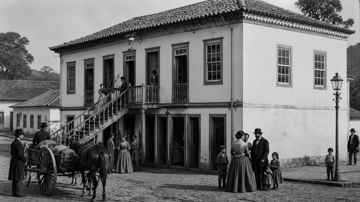 Uma fotografia em preto e branco mostra um casarão colonial de dois andares com telhado de telhas cerâmicas. O prédio tem uma escadaria externa de pedra que leva a uma varanda com guarda-corpo de ferro forjado no segundo andar. A fachada apresenta múltiplas portas no térreo e janelas no piso superior. O ambiente é rústico e antigo.