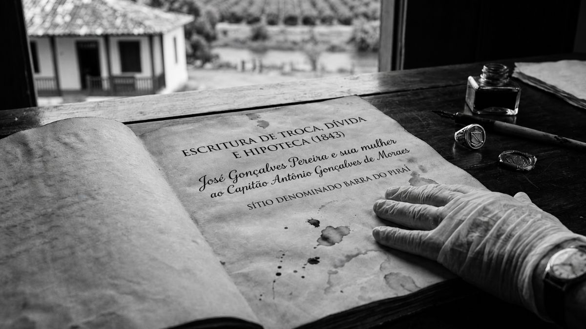 Uma foto ultra realista em primeiro plano foca em um livro de registro antigo e aberto sobre uma mesa de madeira escura. Uma mão com luva branca aponta para o texto manuscrito em português. Ao fundo, uma janela revela uma fazenda histórica e cafezais.
