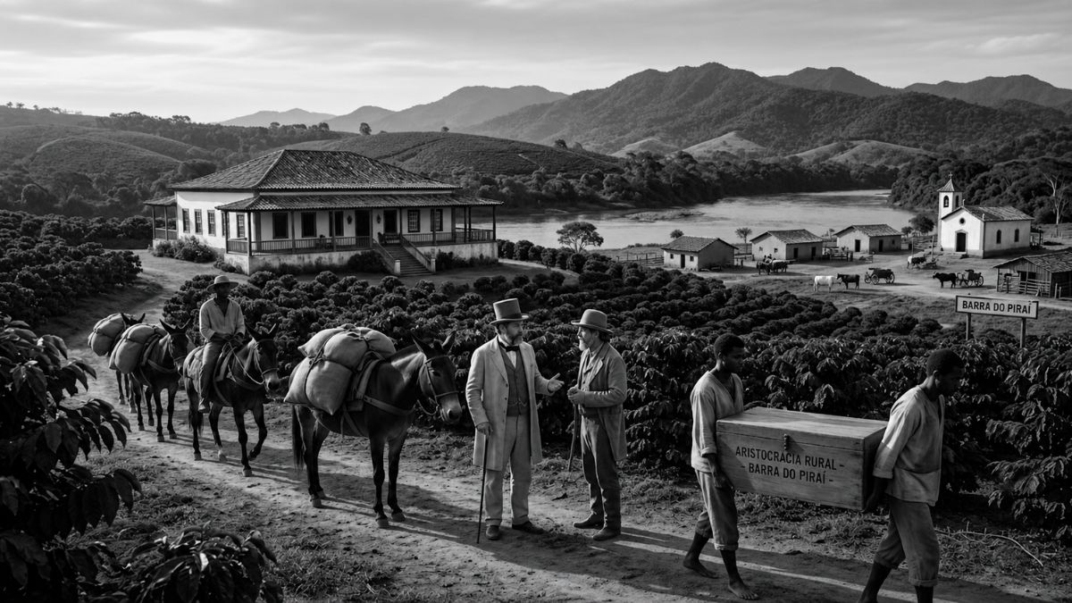 Pintura digital realista retratando uma fazenda de café histórica no Vale do Paraíba com casarão colonial ao fundo. No primeiro plano, homens vestidos com trajes de época conversam próximos a mulas carregadas com sacas. Escravizados realizam o manejo da colheita entre os cafezais verdes sob montanhas ao entardecer.