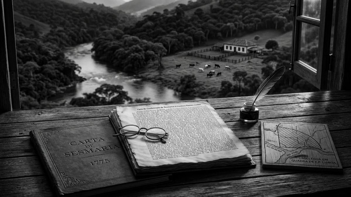 Imagem em tons de cinza mostrando um documento antigo sobre uma mesa com vista para um rio e fazenda.