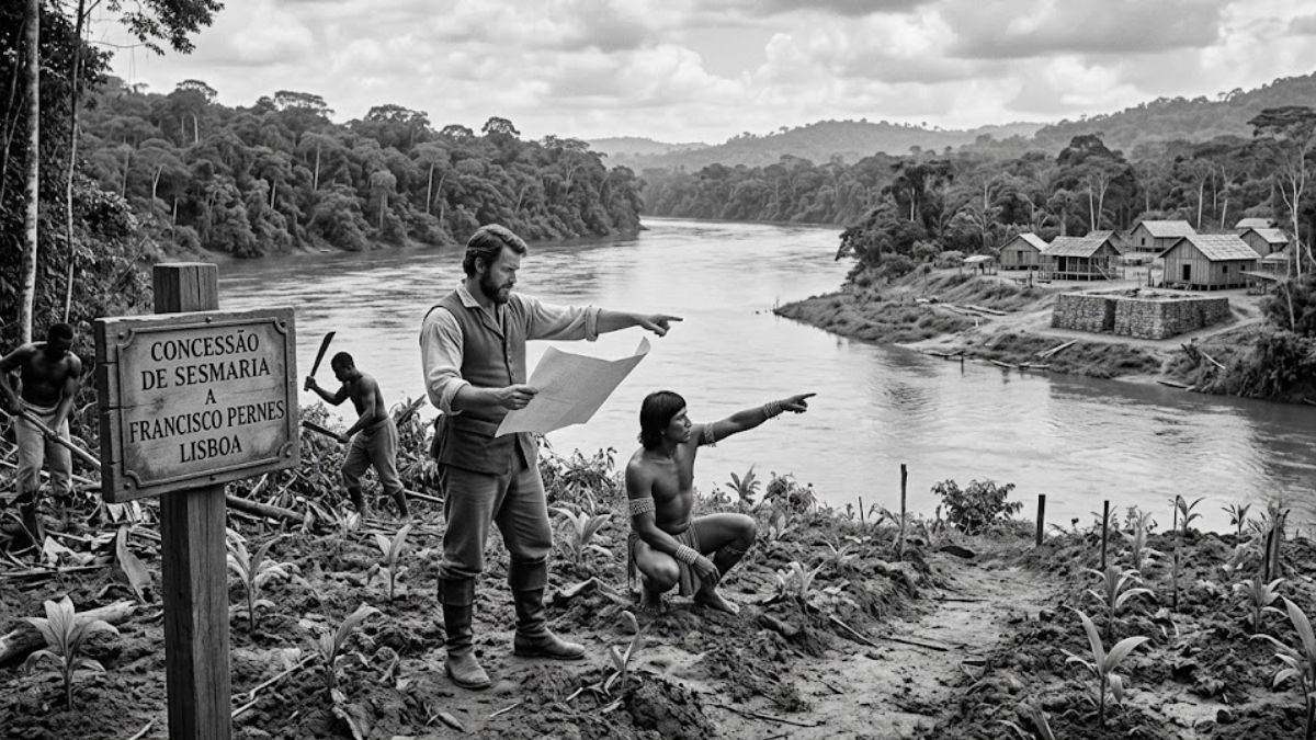 Fotografia realista em escala de cinza mostrando um homem luso-brasileiro analisando um mapa ao lado de um indígena em uma encosta. Ao fundo, trabalhadores africanos preparam o solo próximo a um rio e pequenas construções coloniais de madeira.