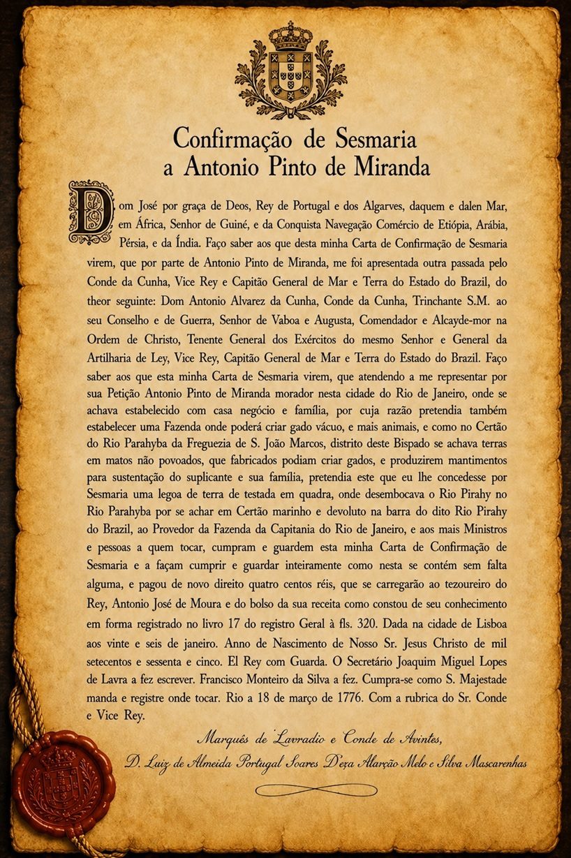 Documento em pergaminho antigo com o brasão real português, selo de cera e texto manuscrito sobre concessão de terras setecentista.
