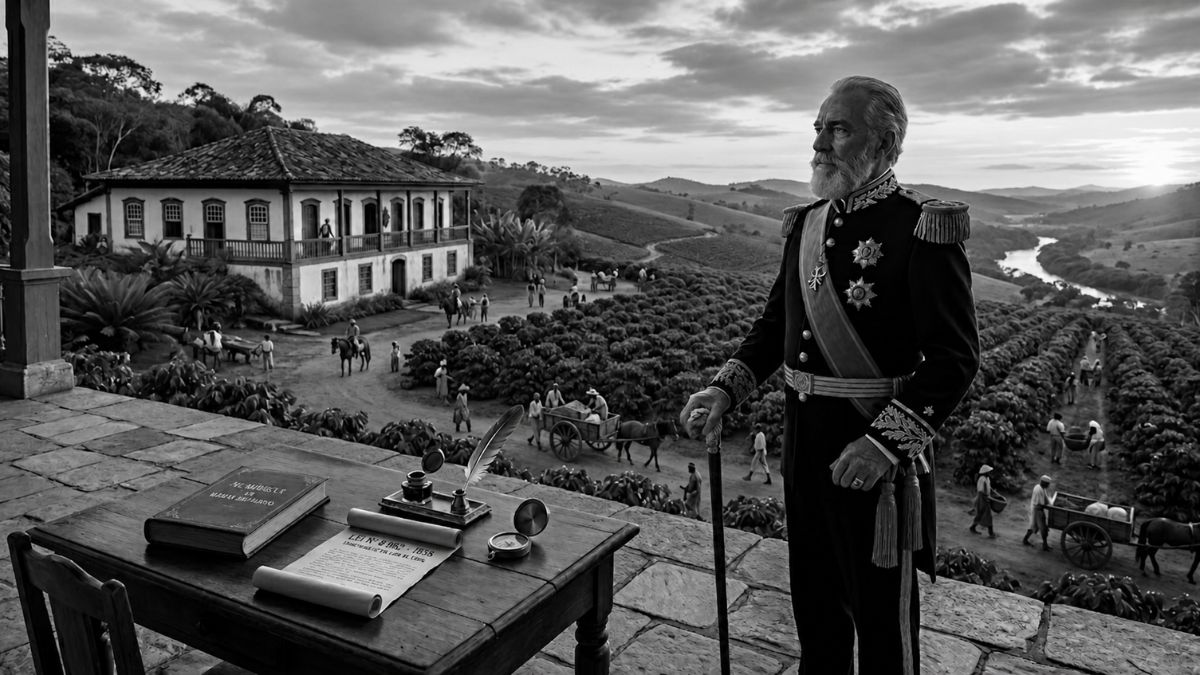 Um retrato fotográfico ultra realista do Coronel José Gomes de Souza Portugal, conhecido como Barão do Turvo, com barba branca e uniforme militar imperial com condecorações. Ele segura um pergaminho com o texto Lei nº 8.082 sobre a autonomia de São José do Turvo em 1855, no interior de uma fazenda de café do século 19, com vista para plantações e montanhas no Vale do Paraíba fluminense.