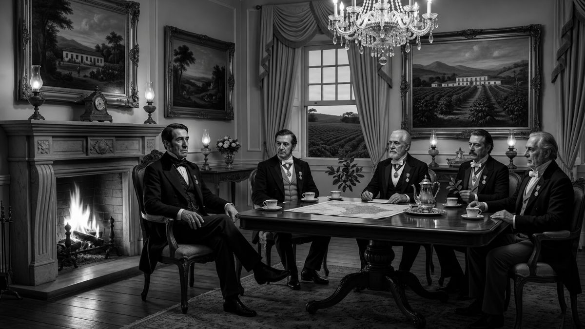 Pintura realista em 4k mostrando Joaquim José Pereira de Faro sentado em uma sala luxuosa do século dezoito com lareira, móveis de madeira nobre e outros barões do café ao redor de uma mesa com documentos e xícaras.