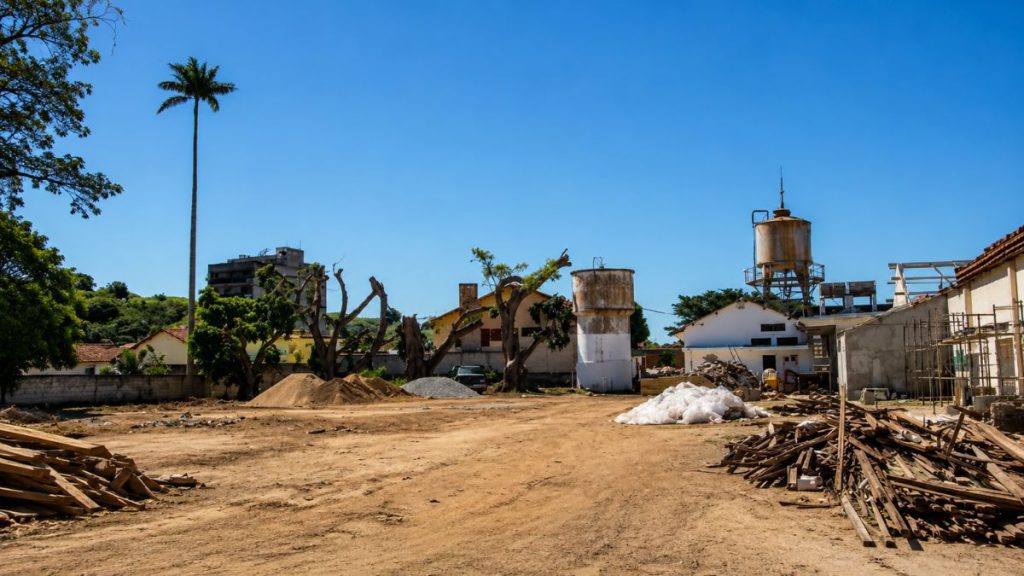 Fotografia de terreno amplo com terra batida exibindo pilhas de materiais de construção e reservatórios elevados sob céu azul limpo.